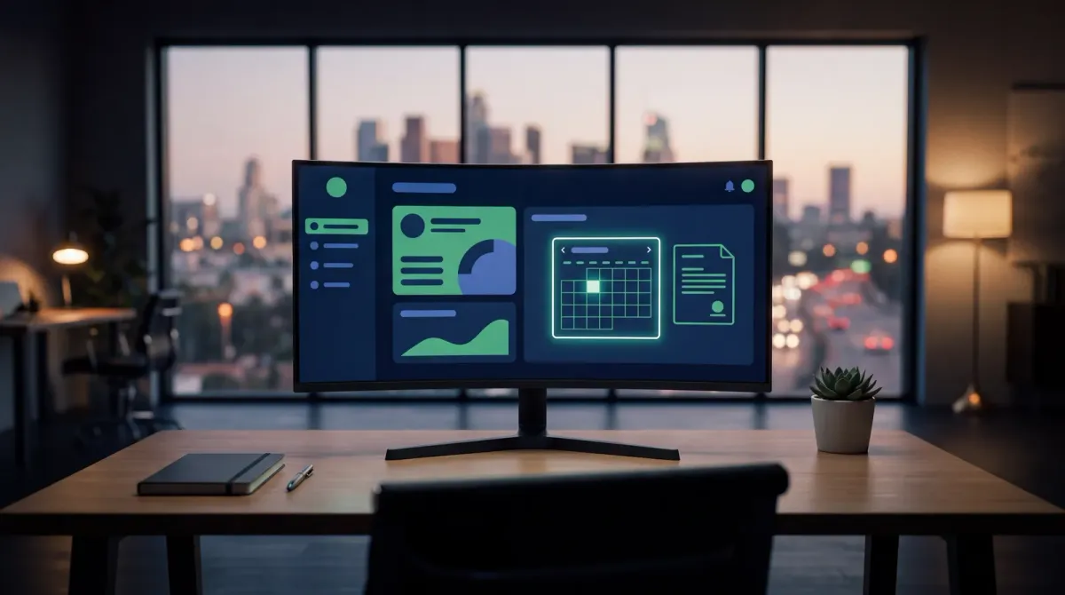 An empty modern insurance agency workspace shot from behind a desk at dusk, with an ultrawide monitor displaying an abstract green and blue calendar-and-policy dashboard interface with a highlighted date window, no people visible