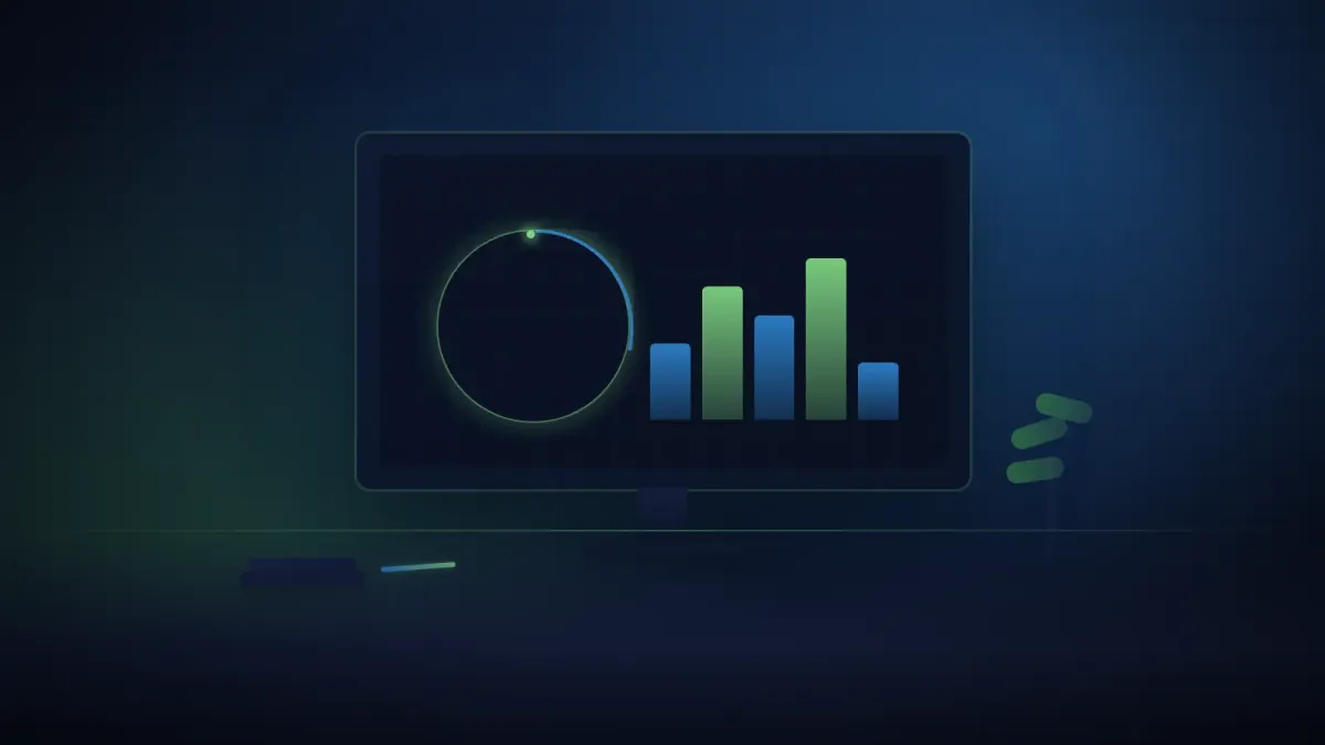 An empty dark modern insurance agency workspace at dusk, with a widescreen monitor on a desk displaying an abstract glowing green and blue progress ring alongside a bar chart on a dark grid background, a small potted plant, a closed notebook, and a pen resting on the desk, no people visible, no readable text