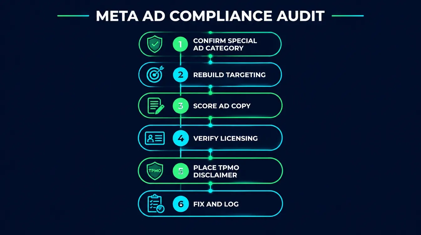 The six-step Meta ad compliance audit: confirm Special Ad Category, rebuild targeting, score ad copy, verify licensing, place TPMO disclaimer, fix and log
