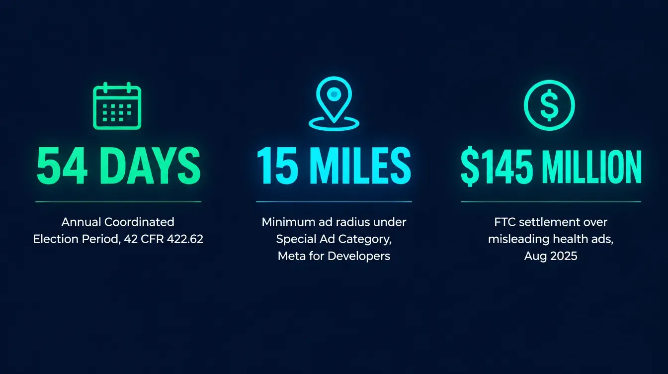 Three key statistics: 54 days for the Annual Coordinated Election Period per 42 CFR 422.62, a 15-mile minimum ad radius under Meta's Special Ad Category, and a $145 million FTC settlement over misleading health insurance ads in August 2025