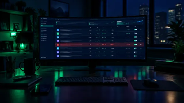 Dark cinematic insurance agency workspace at night with an ultrawide monitor showing a Meta Ads Manager account-quality dashboard with a restricted warning banner, no people visible, green and blue tones