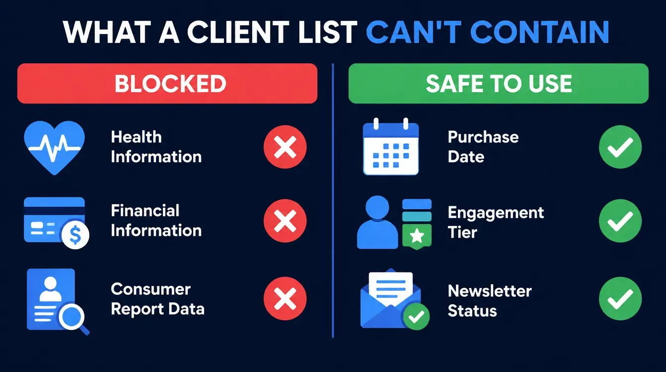 Flat vector infographic titled What a client list can't contain, showing two columns: blocked, with red X icons over health information, financial information, and consumer report data, and safe to use, with green checkmark icons over purchase date, engagement tier, and newsletter status