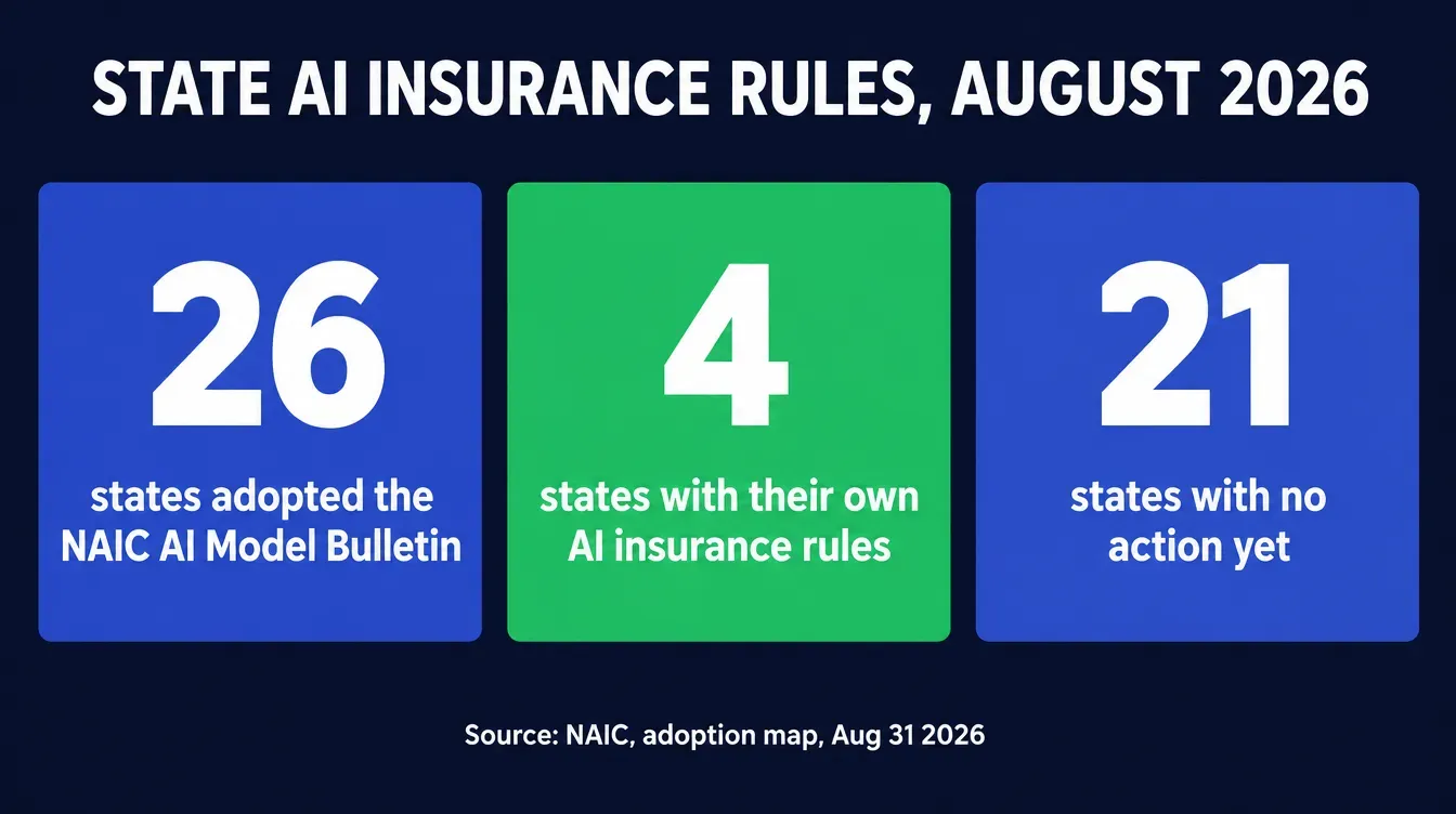 Flat data stat-card graphic titled State AI Insurance Rules, August 2026, showing three large numbers: 26 states adopted the NAIC AI Model Bulletin, 4 states with their own AI insurance rules, and 21 states with no action yet, sourced to NAIC's adoption map dated August 31, 2026