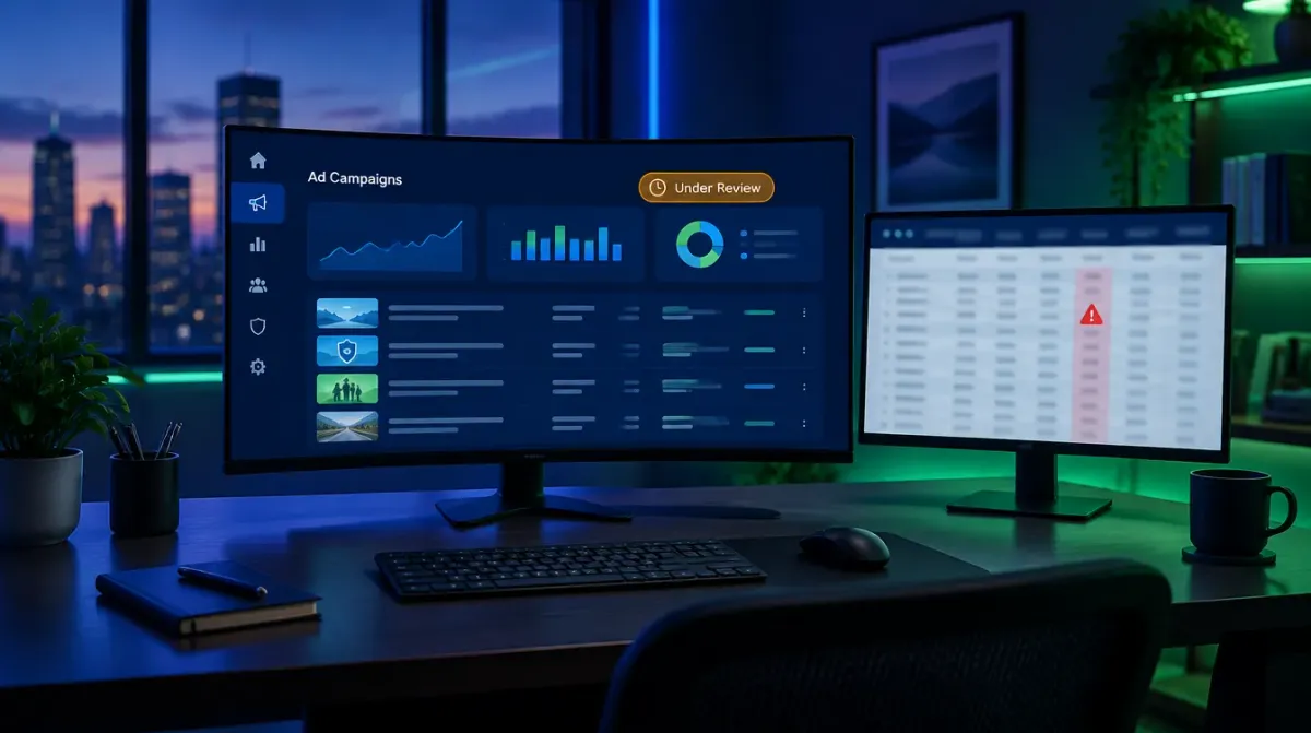 An empty modern insurance agency workspace shot from behind a desk at dusk, a wide curved monitor showing an ad campaign dashboard with a status badge reading Under Review in amber, a second monitor showing a blurred client spreadsheet with a red warning icon over one column, green and blue Aurora tones, no people visible
