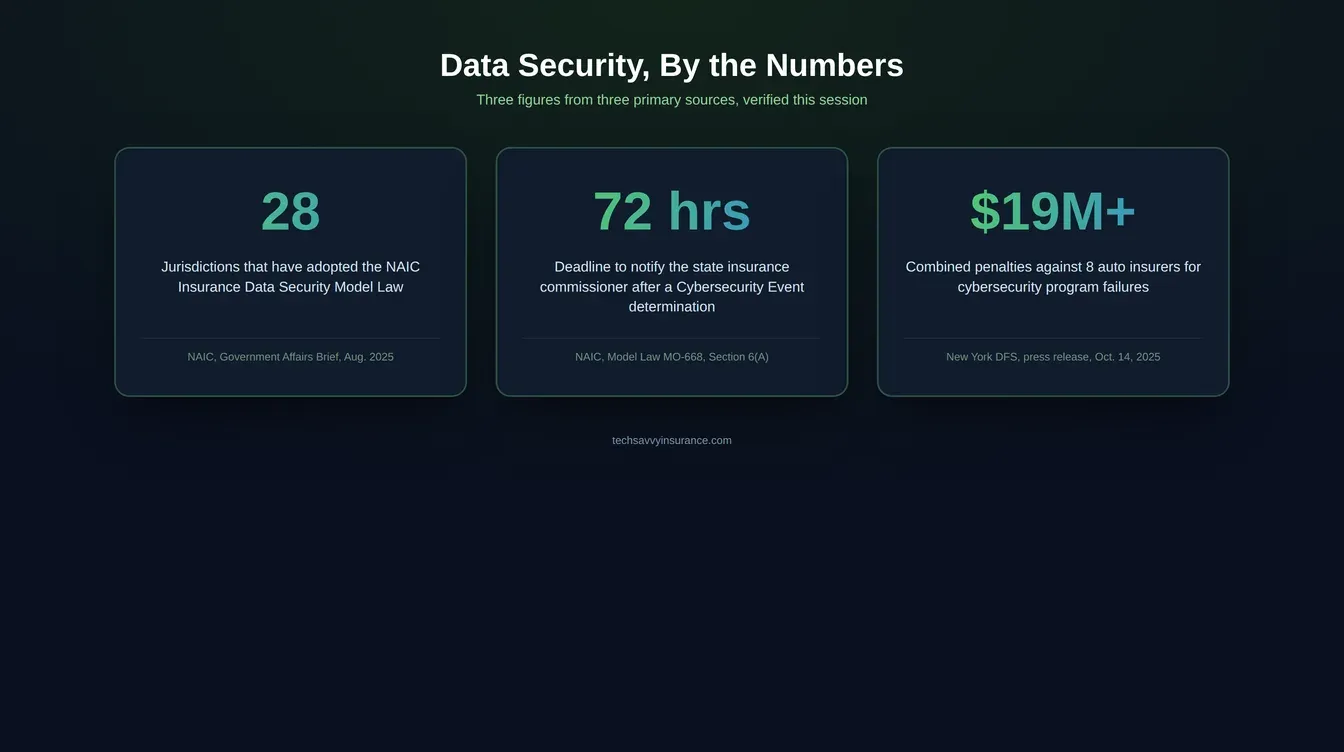 Flat data stat-card graphic titled Data Security, By the Numbers, showing three large figures: 28 jurisdictions have adopted the NAIC model law as of August 2025, 72 hours is the commissioner notification deadline, and 19 million dollars in combined New York DFS penalties against eight insurers in October 2025, sourced to NAIC and New York DFS