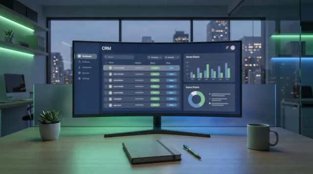 A curved ultrawide monitor on a wood desk showing an abstract dark CRM dashboard with blurred contact rows, green and blue status pills, and a small bar chart, city lights at dusk through the window behind it, no people visible