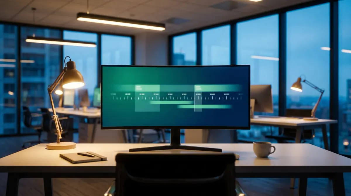 An empty modern insurance agency workspace shot from behind a desk at dusk, with an ultrawide monitor displaying an abstract green and blue calendar timeline interface with date markers, no people visible