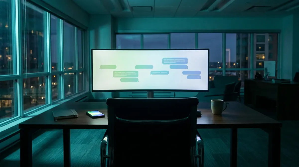 An empty modern insurance agency workspace at dusk with a wide monitor showing an abstract text-message timeline interface in green and blue tones, no people visible