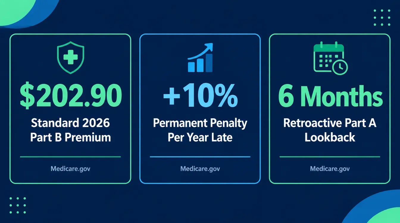 Stat card graphic showing three sourced figures in large readable text: two hundred two dollars and ninety cents, the 2026 standard Medicare Part B premium; plus ten percent per year, the permanent late enrollment penalty; and six months, how far back Part A coverage can be backdated, each stat labeled with its Medicare.gov source, green and blue Aurora color palette