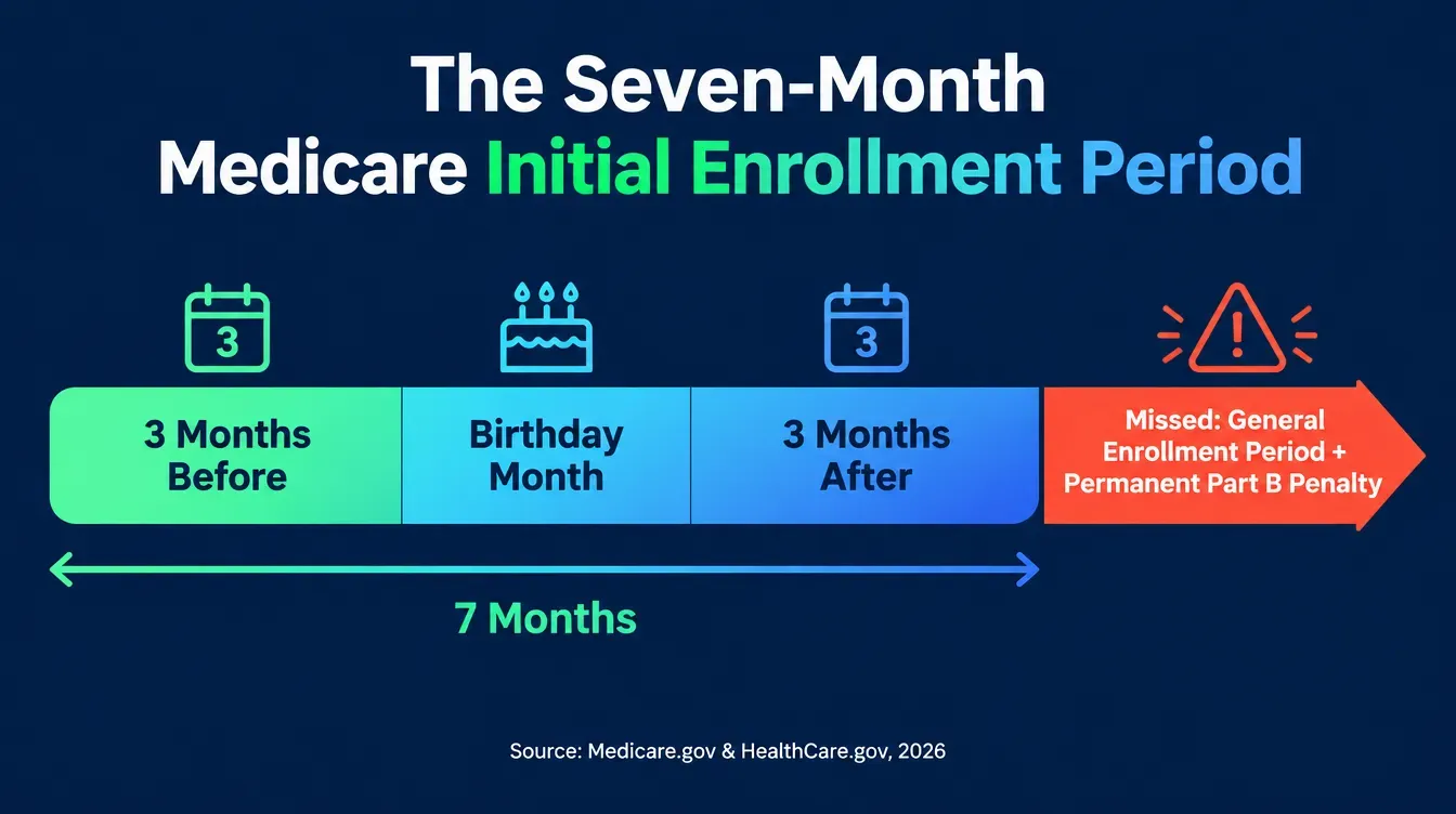 Infographic titled The Seven-Month Medicare Initial Enrollment Period, showing a horizontal timeline bar divided into three labeled zones: three months before the birthday month, the birthday month itself, and three months after, with a red warning zone extending past month seven labeled General Enrollment Period plus permanent Part B penalty, green and blue Aurora color palette, source line reading Medicare.gov and HealthCare.gov 2026