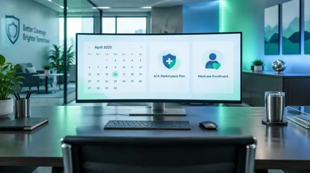 An empty modern insurance agency workspace shot from behind, a wide desk with an ultrawide monitor showing a calendar with a birthday date circled next to an ACA marketplace plan card and a Medicare enrollment card, green and blue Aurora tones, no people visible