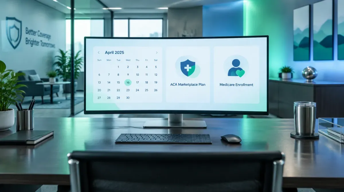 An empty modern insurance agency workspace shot from behind, a wide desk with an ultrawide monitor showing a calendar with a birthday date circled next to an ACA marketplace plan card and a Medicare enrollment card, green and blue Aurora tones, no people visible