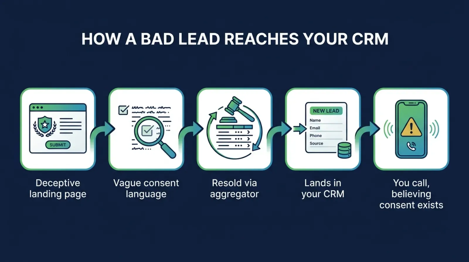 Infographic titled How a Bad Lead Reaches Your CRM, showing a five step flow: a deceptive landing page collects a form submission, consent language is vague or buried, the lead is sold or resold through an aggregator auction, it lands in an agent's CRM as a name and phone number with a compliant checkbox, and the agent calls or texts believing consent exists, in green and blue icons on a dark navy background
