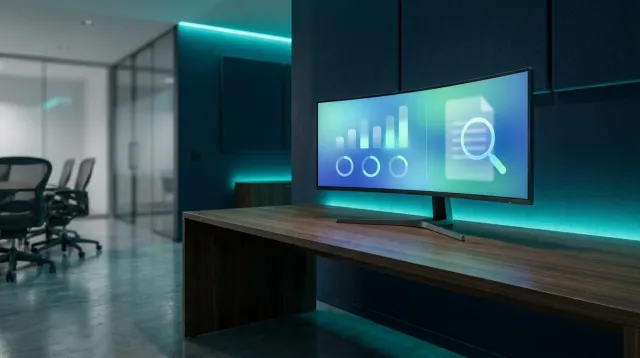 An empty modern insurance agency workspace shot from the side, with an ultrawide monitor displaying a green and blue vendor-vetting checklist dashboard with a magnifying glass icon over a lead record, no people visible