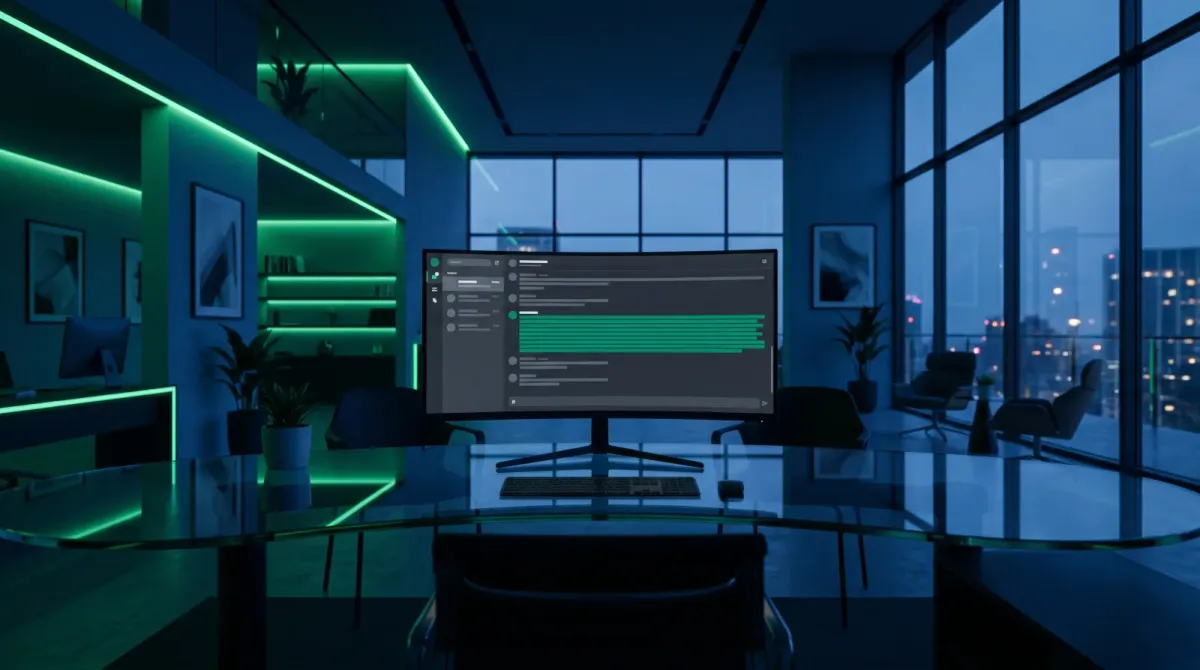 An empty modern insurance agency workspace shot from behind a desk at dusk, with an ultrawide monitor displaying an abstract chat interface where a paragraph of text is partly obscured by a green redaction bar, in green and blue tones, no people visible
