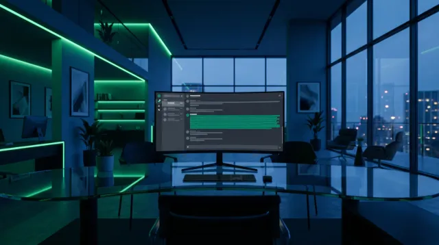 An empty modern insurance agency workspace shot from behind a desk at dusk, with an ultrawide monitor displaying an abstract chat interface where a paragraph of text is partly obscured by a green redaction bar, in green and blue tones, no people visible